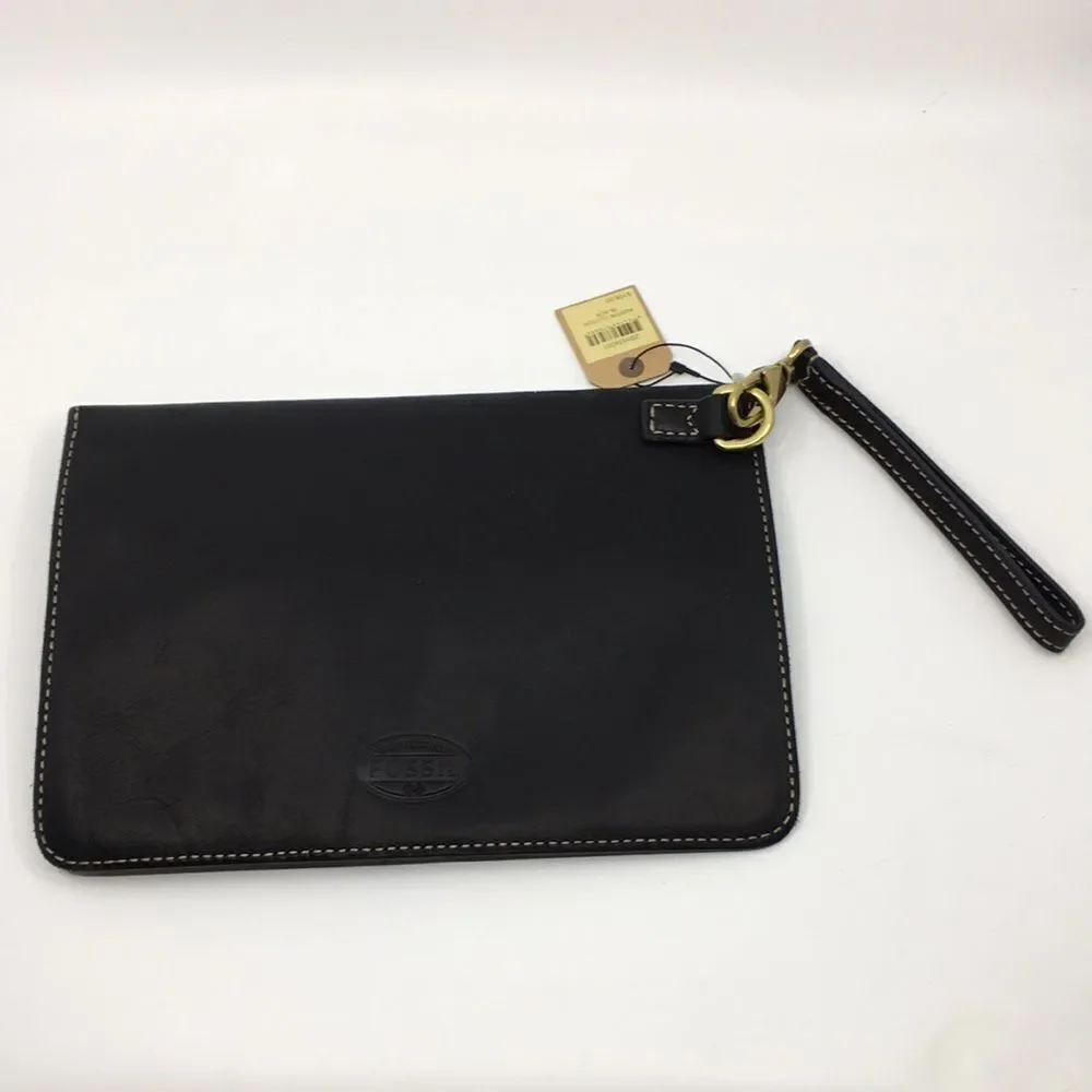 NWT Fossil Austin Clutch Black Leather Brass Hardware Removeavke Wristlet Strap